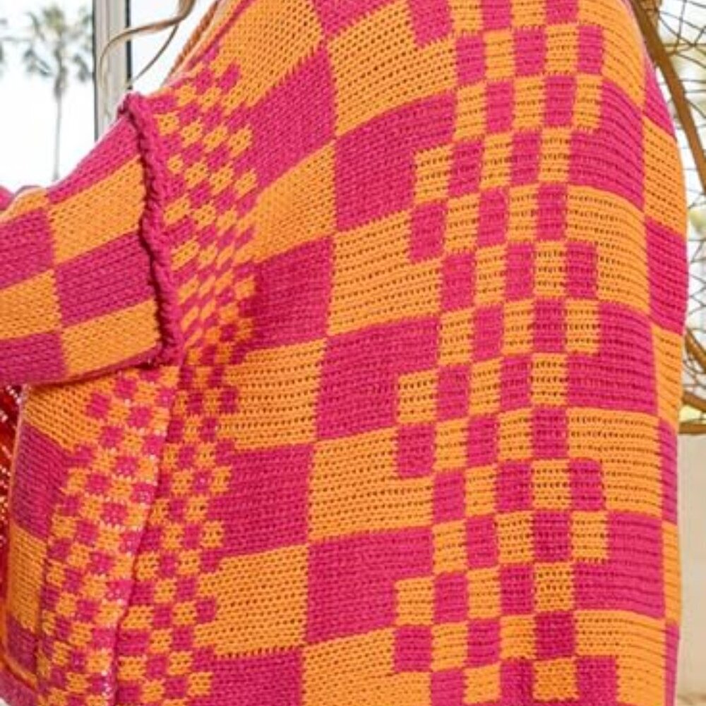 Vintage Checkered Cardigan Sweater Chunky Knit Oversized Y2K Retro Style - Picture 3 of 8